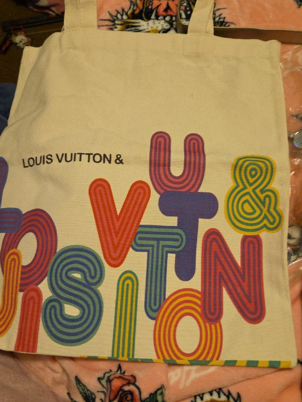 Louis Vuitton Cream Canvas Tote with Multicolor Lettering